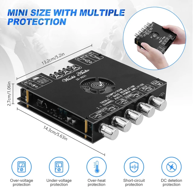 Alt view image 7 of 7 - Bluetooth 5.1 Audio Amplifier Board, ZK-AS21 2.1CH 220W x 2 + 350W HiFi Amp Subwoofer Power Amp Mini Digital Audio Amp Module for Home Speakers(30-220W, 3-8Ohms), DC 16-38V, BT USB AUX Input