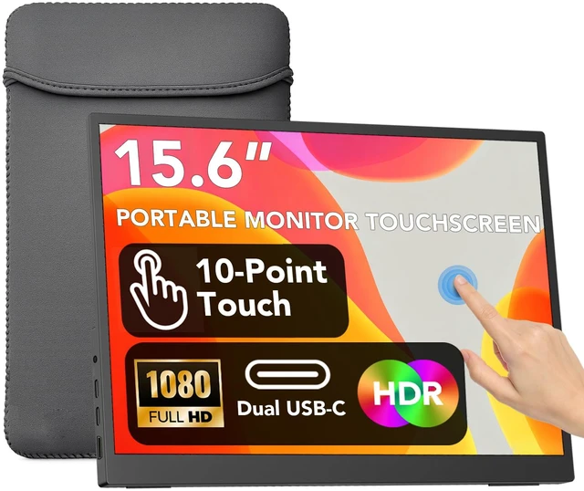 Main image of 15.6" Portable Monitor Touchscreen, 1080P FHD IPS USB-C Travel Monitor Tempered Glass, 10-Point Touch, Dual Speakers, Kickstand, HDMI, External Monitor for Laptop MacBook Phone PS5 Switch Xbox