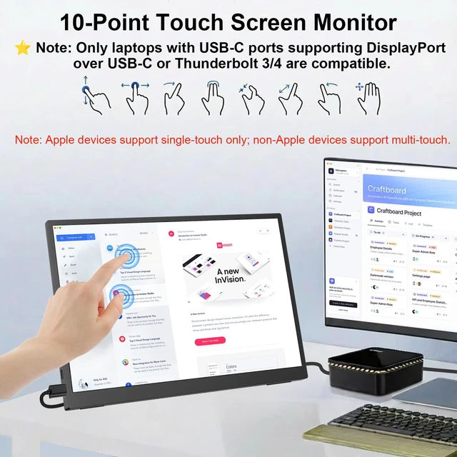 Alt view image 2 of 7 - 15.6" Portable Monitor Touchscreen, 1080P FHD IPS USB-C Travel Monitor Tempered Glass, 10-Point Touch, Dual Speakers, Kickstand, HDMI, External Monitor for Laptop MacBook Phone PS5 Switch Xbox