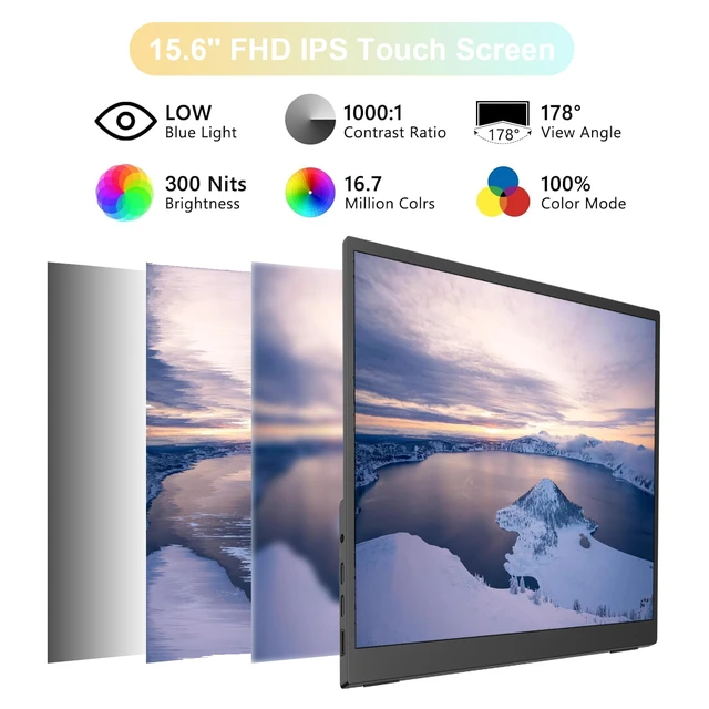 Alt view image 3 of 7 - 15.6" Portable Monitor Touchscreen, 1080P FHD IPS USB-C Travel Monitor Tempered Glass, 10-Point Touch, Dual Speakers, Kickstand, HDMI, External Monitor for Laptop MacBook Phone PS5 Switch Xbox
