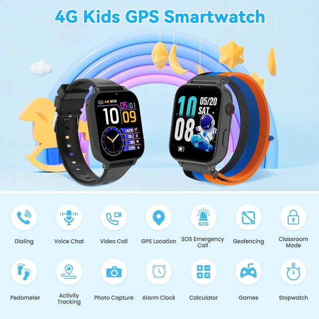 Alt view image 2 of 7 - 4G Kids Smart Watch Phone GPS, Smartwatch for Boys Girls Ages 4-12 Years with Video Call Chat Class Mode SOS Camera Alarm Games Parental App Watch Gifts for Children (Includes SIM Card),Jet Black