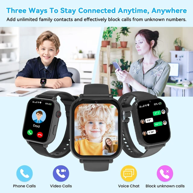 Alt view image 6 of 7 - 4G Kids Smart Watch Phone GPS, Smartwatch for Boys Girls Ages 4-12 Years with Video Call Chat Class Mode SOS Camera Alarm Games Parental App Watch Gifts for Children (Includes SIM Card),Jet Black