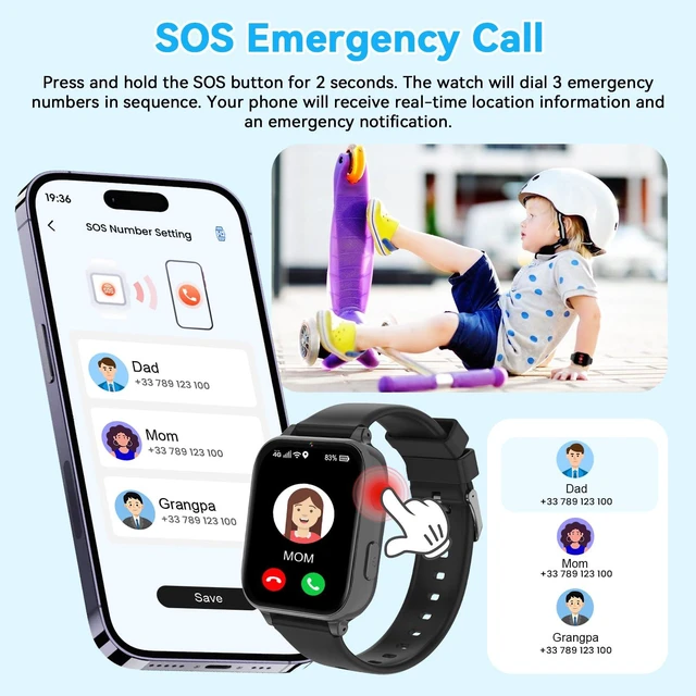 Alt view image 5 of 7 - 4G Kids Smart Watch Phone GPS, Smartwatch for Boys Girls Ages 4-12 Years with Video Call Chat Class Mode SOS Camera Alarm Games Parental App Watch Gifts for Children (Includes SIM Card),Jet Black