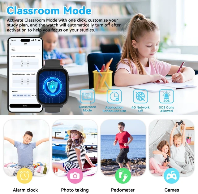 Alt view image 4 of 7 - 4G Kids Smart Watch Phone GPS, Smartwatch for Boys Girls Ages 4-12 Years with Video Call Chat Class Mode SOS Camera Alarm Games Parental App Watch Gifts for Children (Includes SIM Card),Jet Black