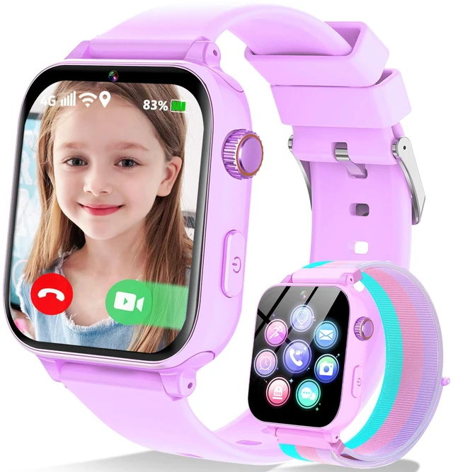 Main image of 4G Kids Smart Watch Phone GPS, Smartwatch for Boys Girls Ages 4-12 Years with Video Call Chat Class Mode SOS Camera Alarm Games Parental App Touch Watch Gifts for Children (Includes SIM Card) Purple