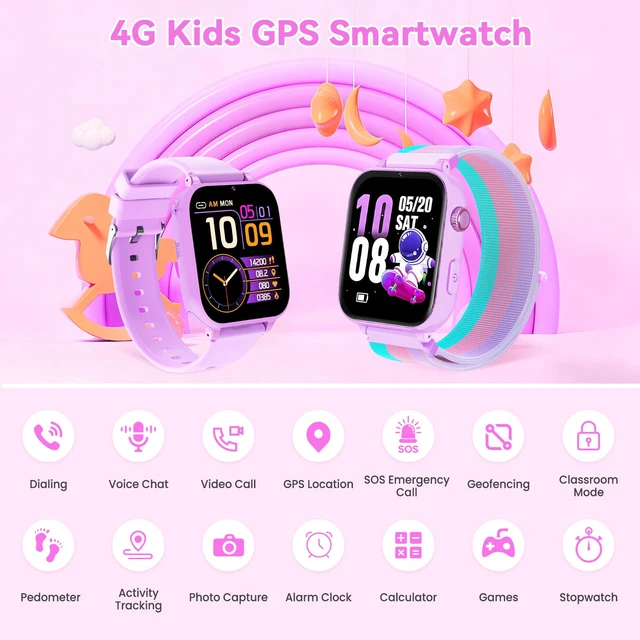 Alt view image 2 of 7 - 4G Kids Smart Watch Phone GPS, Smartwatch for Boys Girls Ages 4-12 Years with Video Call Chat Class Mode SOS Camera Alarm Games Parental App Touch Watch Gifts for Children (Includes SIM Card) Purple