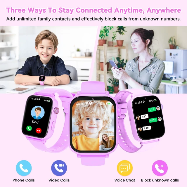 Alt view image 4 of 7 - 4G Kids Smart Watch Phone GPS, Smartwatch for Boys Girls Ages 4-12 Years with Video Call Chat Class Mode SOS Camera Alarm Games Parental App Touch Watch Gifts for Children (Includes SIM Card) Purple