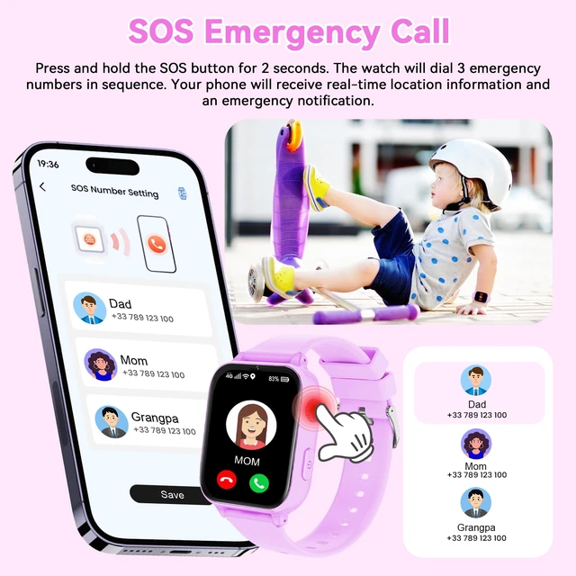 Alt view image 5 of 7 - 4G Kids Smart Watch Phone GPS, Smartwatch for Boys Girls Ages 4-12 Years with Video Call Chat Class Mode SOS Camera Alarm Games Parental App Touch Watch Gifts for Children (Includes SIM Card) Purple