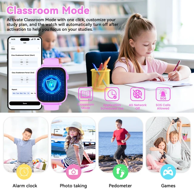 Alt view image 6 of 7 - 4G Kids Smart Watch Phone GPS, Smartwatch for Boys Girls Ages 4-12 Years with Video Call Chat Class Mode SOS Camera Alarm Games Parental App Touch Watch Gifts for Children (Includes SIM Card) Purple