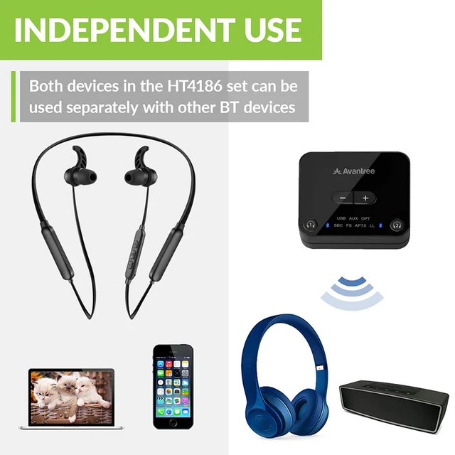 Alt view image 5 of 7 - HT4186 - Wireless Neckband Headphones for TV Plug-and-play TV listening set with Bluetooth transmitter, optical, RCA, and AUX support, plus low-latency audio