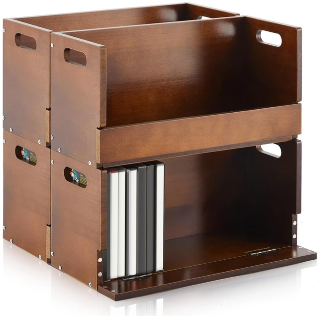 Main image of 4 Pack Wooden DVD Storage Shelf,Holds 104 DVDs 26 Each, Brown Solid Wood Media Organizer with Magnetic Front Flap Carry Handles for DVDs, CDs, Discs, Movie Cases and Cassette Tape