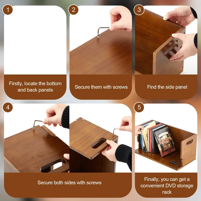 Alt view image 6 of 7 - 4 Pack Wooden DVD Storage Shelf,Holds 104 DVDs 26 Each, Brown Solid Wood Media Organizer with Magnetic Front Flap Carry Handles for DVDs, CDs, Discs, Movie Cases and Cassette Tape