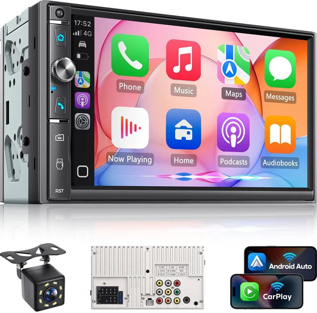 Main image of 7-Inch Double Din Car Radio Wireless CarPlay and Android Auto 240W 4.1CH DSP, Bluetooth Hands-Free, Steering Wheel Control, Subwoofer RCA, FM/AM, Mirror Link, HD Backup Camera