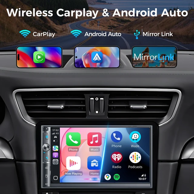 Alt view image 2 of 7 - 7-Inch Double Din Car Radio Wireless CarPlay and Android Auto 240W 4.1CH DSP, Bluetooth Hands-Free, Steering Wheel Control, Subwoofer RCA, FM/AM, Mirror Link, HD Backup Camera