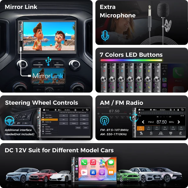 Alt view image 4 of 7 - 7-Inch Double Din Car Radio Wireless CarPlay and Android Auto 240W 4.1CH DSP, Bluetooth Hands-Free, Steering Wheel Control, Subwoofer RCA, FM/AM, Mirror Link, HD Backup Camera