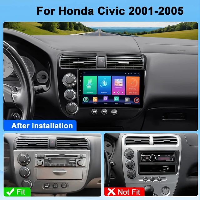 Alt view image 2 of 7 - Car Radio Stereo for Honda Civic 2001-2005 Upgrade Android 15 64GB 9" Touchscreen CarPlay Android Auto Bluetooth WiFi GPS MirrorLink FM 36EQ SWC 1080P Backup Camera