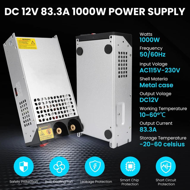 Alt view image 3 of 7 - 110V AC to 12V DC Converter 83.3A 1000W Power Supply AC to DC Converter 12V 83.3A 1000W Switch Power Supply for CCTV Camera System, 3D Printer, LED Strip, Computer Project