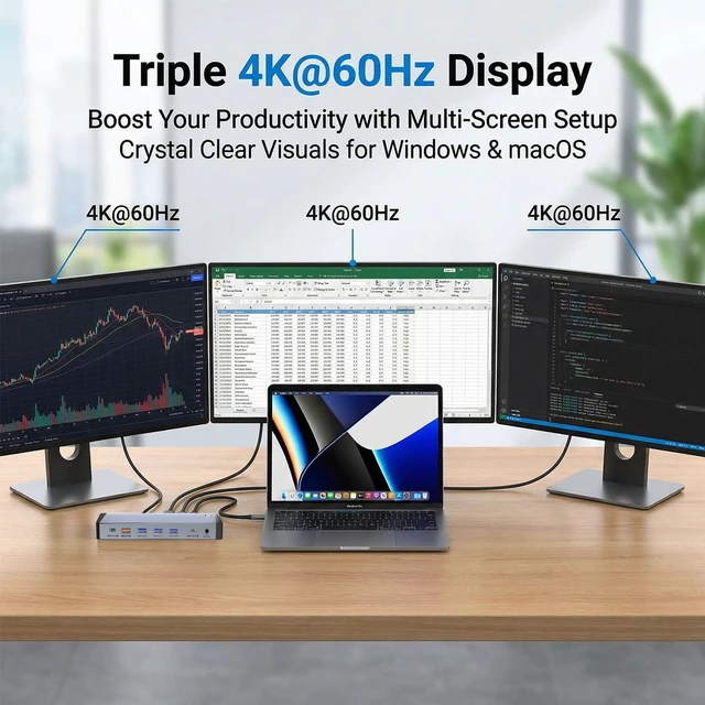 Alt view image 2 of 7 - 13-in-1 Laptop Docking Station 3 Monitors for Mac and Windows, USB C Hub with Triple 4K@60Hz (2DP+1HDMI), 100W PD Charging, One-Click Screen Off Switch, 10Gbps Data, Gigabit LAN, for Office and Gaming