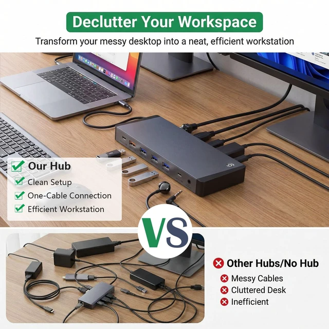 Alt view image 4 of 7 - 13-in-1 Laptop Docking Station 3 Monitors for Mac and Windows, USB C Hub with Triple 4K@60Hz (2DP+1HDMI), 100W PD Charging, One-Click Screen Off Switch, 10Gbps Data, Gigabit LAN, for Office and Gaming