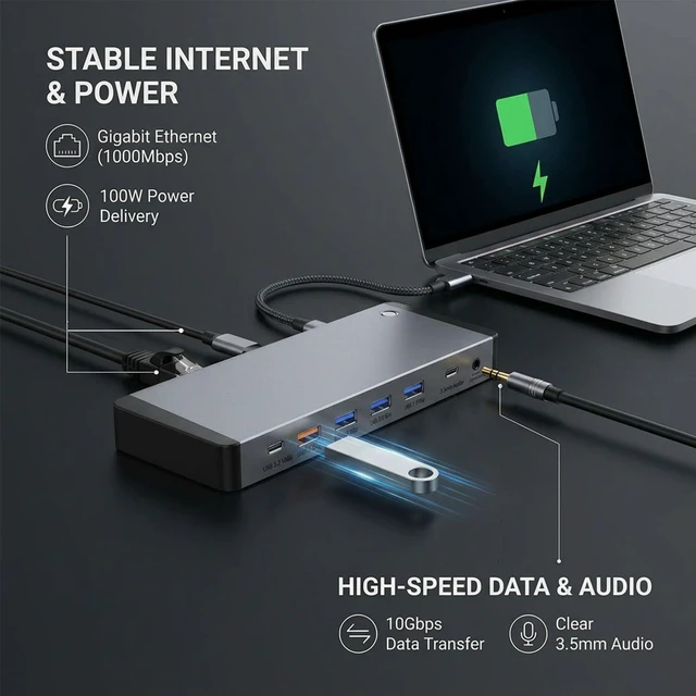 Alt view image 6 of 7 - 13-in-1 Laptop Docking Station 3 Monitors for Mac and Windows, USB C Hub with Triple 4K@60Hz (2DP+1HDMI), 100W PD Charging, One-Click Screen Off Switch, 10Gbps Data, Gigabit LAN, for Office and Gaming