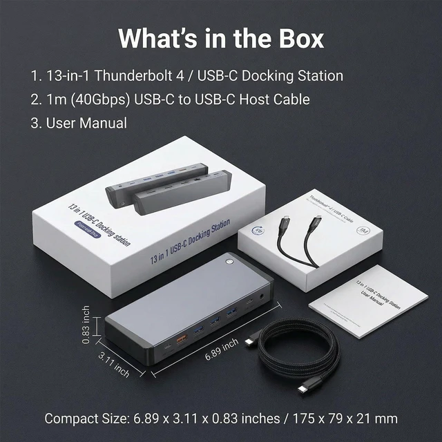 Alt view image 7 of 7 - 13-in-1 Laptop Docking Station 3 Monitors for Mac and Windows, USB C Hub with Triple 4K@60Hz (2DP+1HDMI), 100W PD Charging, One-Click Screen Off Switch, 10Gbps Data, Gigabit LAN, for Office and Gaming