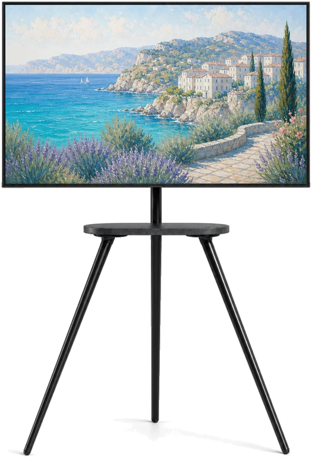 Main image of Metal Tripod TV Stand for 43-65" TVs, Swivel, Black Height-adjustable easel TV stand, 45° swivel, 22 lb wood shelf, cable clips and VESA up to 400x400
