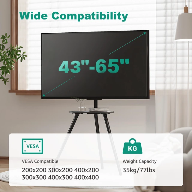 Alt view image 2 of 7 - Metal Tripod TV Stand for 43-65" TVs, Swivel, Black Height-adjustable easel TV stand, 45° swivel, 22 lb wood shelf, cable clips and VESA up to 400x400