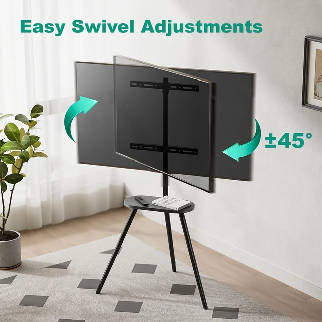 Alt view image 3 of 7 - Metal Tripod TV Stand for 43-65" TVs, Swivel, Black Height-adjustable easel TV stand, 45° swivel, 22 lb wood shelf, cable clips and VESA up to 400x400