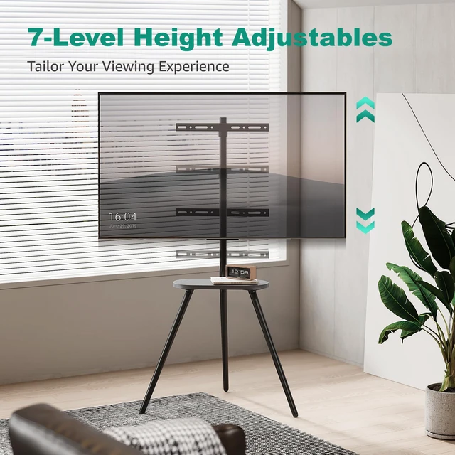 Alt view image 4 of 7 - Metal Tripod TV Stand for 43-65" TVs, Swivel, Black Height-adjustable easel TV stand, 45° swivel, 22 lb wood shelf, cable clips and VESA up to 400x400