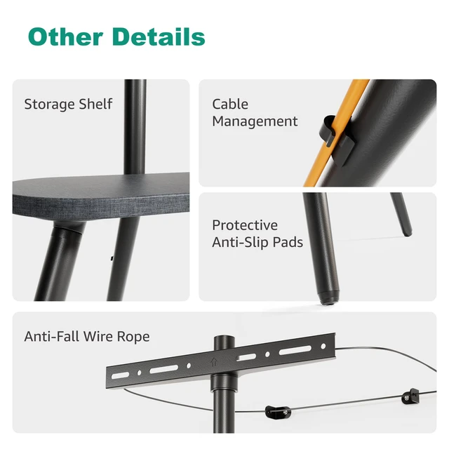 Alt view image 5 of 7 - Metal Tripod TV Stand for 43-65" TVs, Swivel, Black Height-adjustable easel TV stand, 45° swivel, 22 lb wood shelf, cable clips and VESA up to 400x400