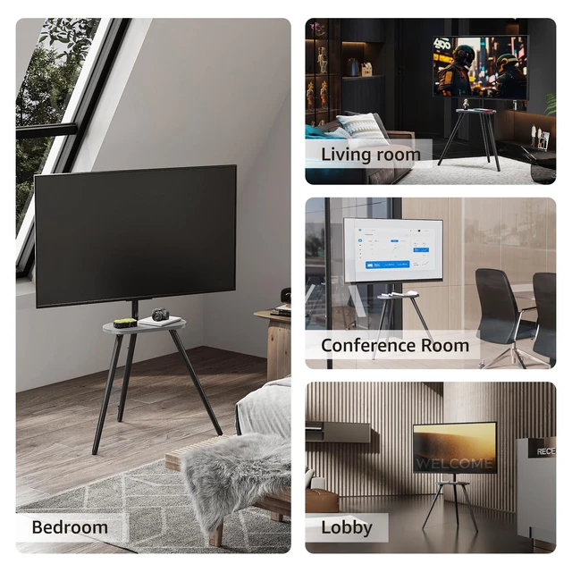 Alt view image 7 of 7 - Metal Tripod TV Stand for 43-65" TVs, Swivel, Black Height-adjustable easel TV stand, 45° swivel, 22 lb wood shelf, cable clips and VESA up to 400x400