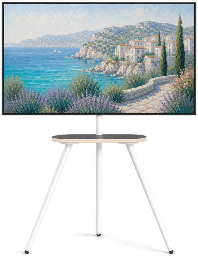 Main image of Metal Tripod TV Stand for 43-65" TVs, Swivel, White Height-adjustable easel TV stand, 45° swivel, 22 lb wood shelf, cable clips and VESA up to 400x400