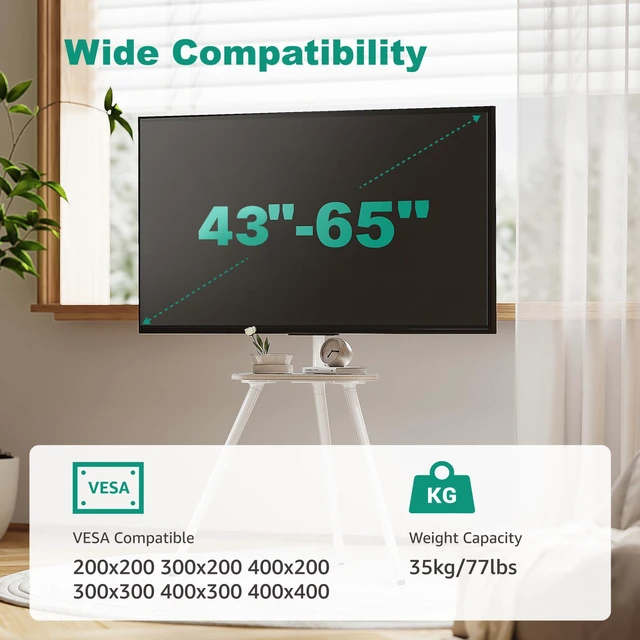 Alt view image 2 of 7 - Metal Tripod TV Stand for 43-65" TVs, Swivel, White Height-adjustable easel TV stand, 45° swivel, 22 lb wood shelf, cable clips and VESA up to 400x400