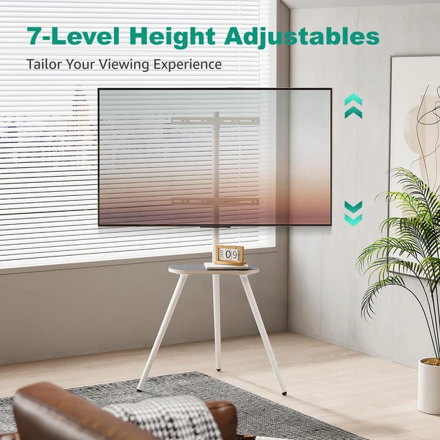 Alt view image 4 of 7 - Metal Tripod TV Stand for 43-65" TVs, Swivel, White Height-adjustable easel TV stand, 45° swivel, 22 lb wood shelf, cable clips and VESA up to 400x400