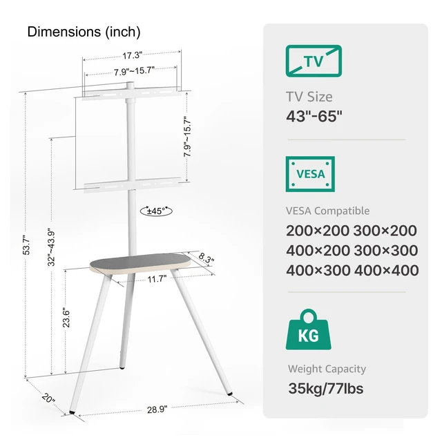 Alt view image 7 of 7 - Metal Tripod TV Stand for 43-65" TVs, Swivel, White Height-adjustable easel TV stand, 45° swivel, 22 lb wood shelf, cable clips and VESA up to 400x400