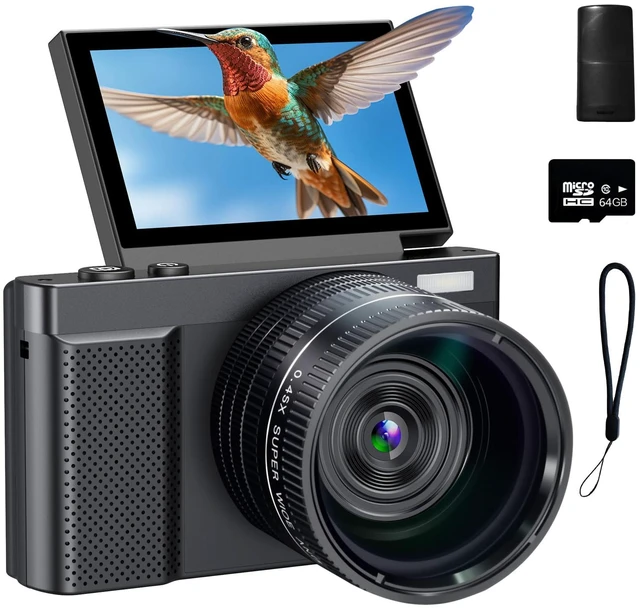 Main image of 4K Digital Camera, 64MP Vlogging Camera for Photography with 3'' 180°Flip Screen,Macro and Wide-Angle Lenses,16X Vlogging Camera for YouTube with 64GB Micro SD Card for Beginner
