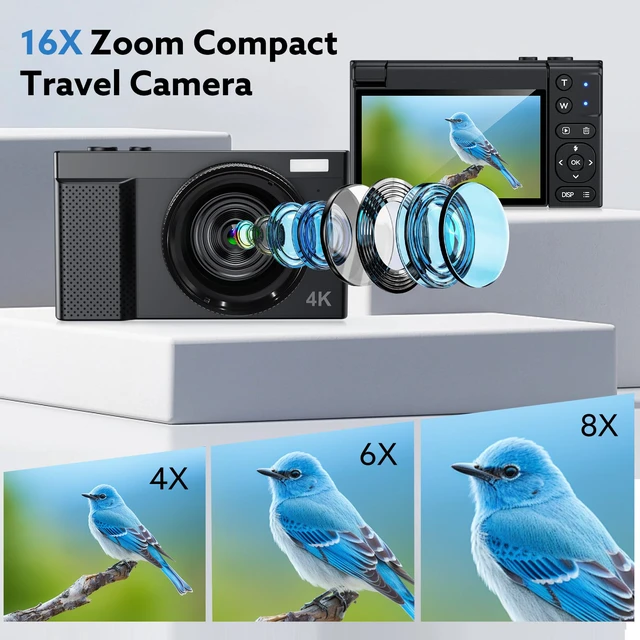 Alt view image 5 of 7 - 4K Digital Camera, 64MP Vlogging Camera for Photography with 3'' 180°Flip Screen,Macro and Wide-Angle Lenses,16X Vlogging Camera for YouTube with 64GB Micro SD Card for Beginner