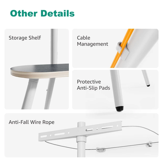 Alt view image 6 of 7 - Metal Tripod TV Stand for 43-65" TVs, Swivel, White Height-adjustable easel TV stand, 45° swivel, 22 lb wood shelf, cable clips and VESA up to 400x400