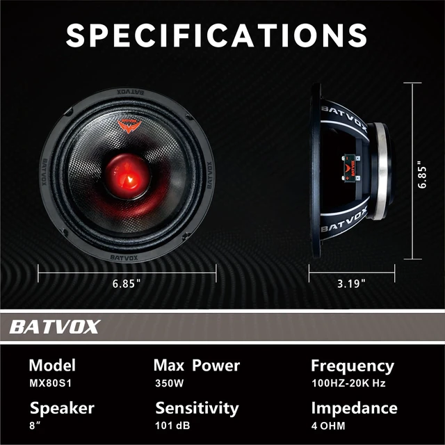 Alt view image 3 of 7 - MX80S1 Midrange Loudspeaker 8" Red Bullet, 700W Max, 4 Ohms, Premium Quality Audio Door Speakers for Car or Truck Stereo Sound System, Black (1 Speaker)