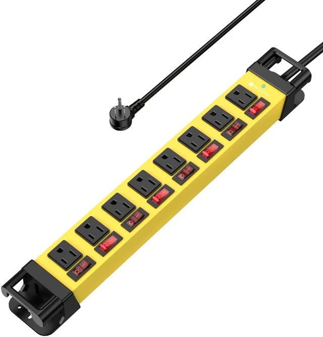 Main image of 8 Outlet Power Strip with Individual Switches Cord Manager 1200J 25FT Wall Mount Heavy Duty Power Strip Home Office Garage Industrial Workbench