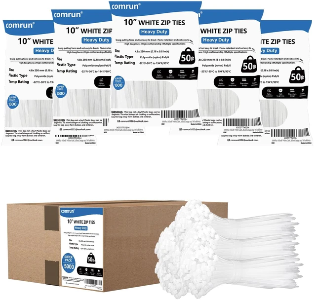 Main image of 5000pcs 10Inch White Cable Tie,Nylon Zip Ties,Industrial Grade,50 Pounds Tensile Strength,UV Resistant,Heavy Duty,for Home,Garden Trellis,Office,Garage and Workshop