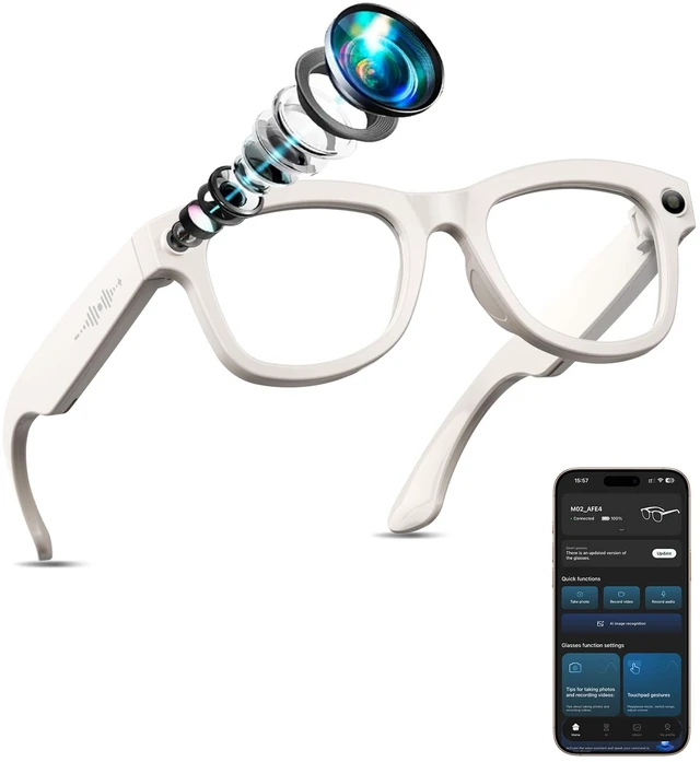 Main image of AI Smart Glasses with Camera Stabilization - 8MP POV Video Recording, Real-Time AI Translation, Smart Assistant, Dual-Mic Noise Canceling for Travel & Meetings - Anti-Blue Light, Beige Frame