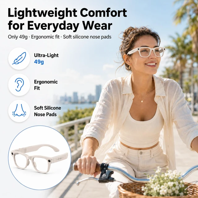 Alt view image 2 of 7 - AI Smart Glasses with Camera Stabilization - 8MP POV Video Recording, Real-Time AI Translation, Smart Assistant, Dual-Mic Noise Canceling for Travel & Meetings - Anti-Blue Light, Beige Frame