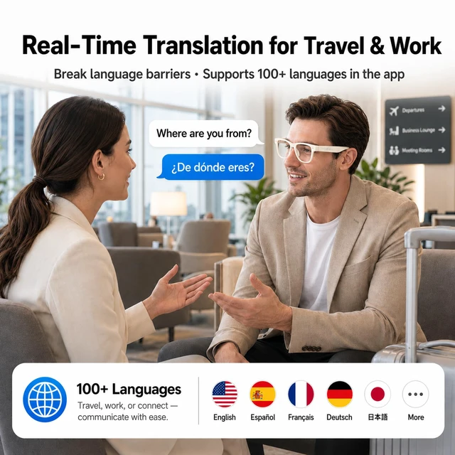 Alt view image 3 of 7 - AI Smart Glasses with Camera Stabilization - 8MP POV Video Recording, Real-Time AI Translation, Smart Assistant, Dual-Mic Noise Canceling for Travel & Meetings - Anti-Blue Light, Beige Frame