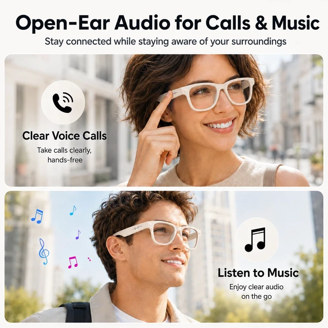 Alt view image 4 of 7 - AI Smart Glasses with Camera Stabilization - 8MP POV Video Recording, Real-Time AI Translation, Smart Assistant, Dual-Mic Noise Canceling for Travel & Meetings - Anti-Blue Light, Beige Frame