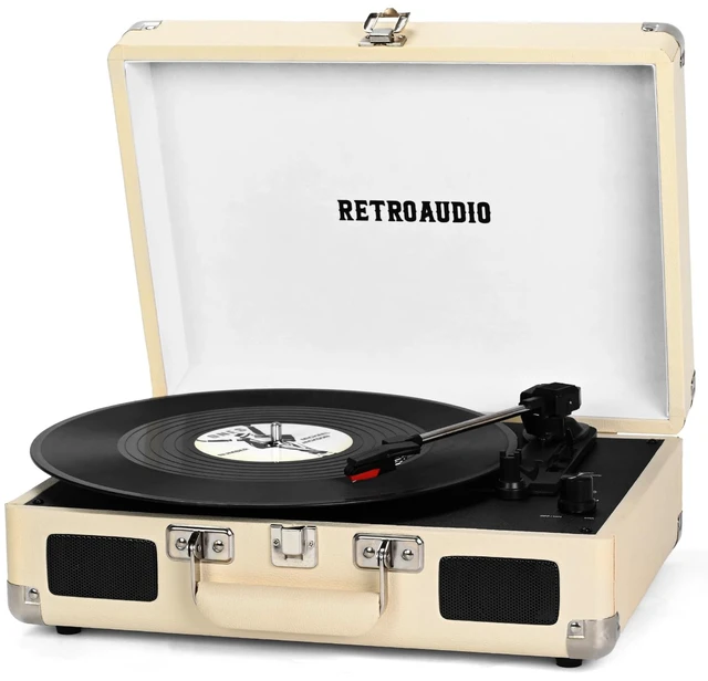 Main image of Portable Bluetooth Vintage Vinyl Record Player Turntable 3-speed belt-driven vinyl player, dual built-in stereo speakers, RCA & AUX output, portable suitcase phonograph