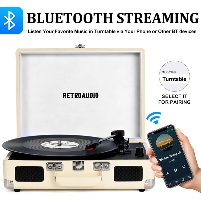 Alt view image 2 of 7 - Portable Bluetooth Vintage Vinyl Record Player Turntable 3-speed belt-driven vinyl player, dual built-in stereo speakers, RCA & AUX output, portable suitcase phonograph