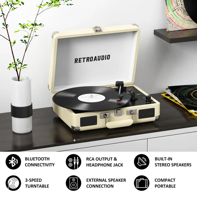 Alt view image 3 of 7 - Portable Bluetooth Vintage Vinyl Record Player Turntable 3-speed belt-driven vinyl player, dual built-in stereo speakers, RCA & AUX output, portable suitcase phonograph