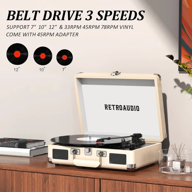 Alt view image 4 of 7 - Portable Bluetooth Vintage Vinyl Record Player Turntable 3-speed belt-driven vinyl player, dual built-in stereo speakers, RCA & AUX output, portable suitcase phonograph