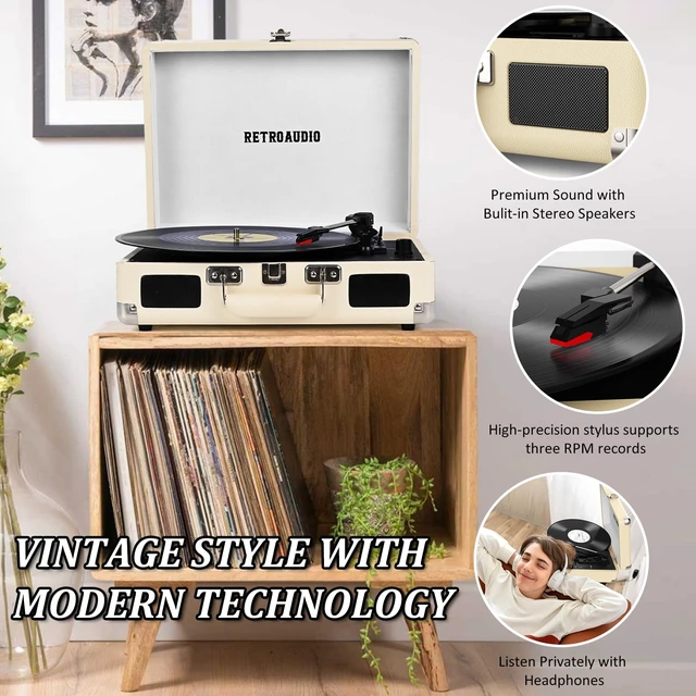 Alt view image 5 of 7 - Portable Bluetooth Vintage Vinyl Record Player Turntable 3-speed belt-driven vinyl player, dual built-in stereo speakers, RCA & AUX output, portable suitcase phonograph